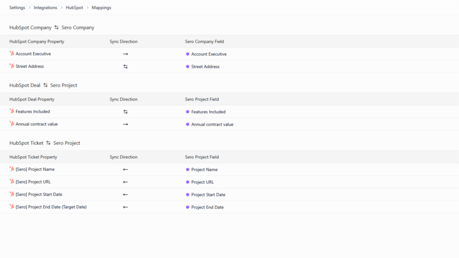 Sero field mappings with HubSpot Objects